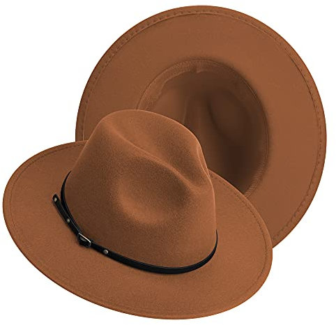 Fedora-Hüte mit breiter Krempe für Damen und Herren, klassischer Filz-Panama-Hut, zweifarbiger Kleid mit Gürtelschnalle, khaki, Medium