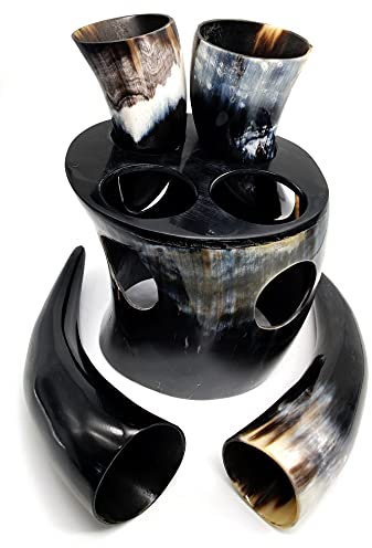5MOONSUN5's The Original Handcrafted Authentic Viking Drinking Horn set Tankard for Beer, Mead, Ale – Medieval Inspired Stein Mug – Food Safe Vessel With 4 shot glass and stand