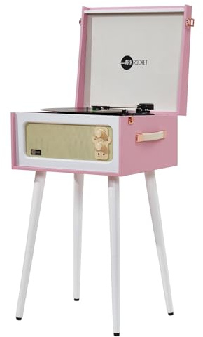 Arkrocket Discovery II 3-Speed Bluetooth Record Player Retro Console Turntable with Built-in Speakers and Removable Legs (Pink/White)