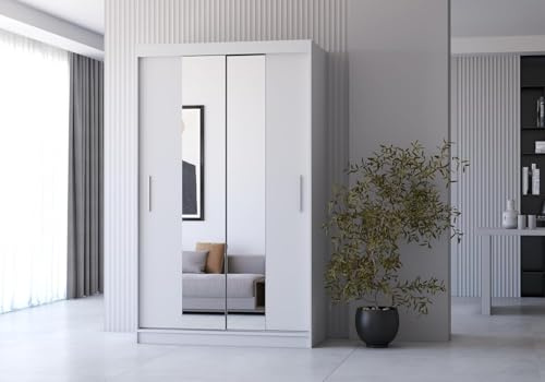 Fabryka Mebli Idźczak Kleiderschrank mit Spiegelfront & Schiebetüren, Weiß platzsparend, geräumige Fachaufteilung mit Kleiderstange - moderner Stauraum für Schlafzimmer Ankleidezimmer