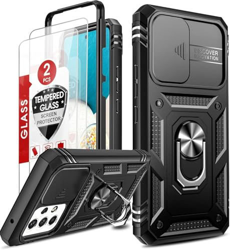 LeYi Handyhülle für Samsung Galaxy A53 5G Hülle Kameraschutz mit 2 Schutzfolie, Hybrid Kameraklappe Schutzhülle Militär Standard Cover Case Metall Ring Ständer Halter A 53 Handy Hüllen Schwarz | Schutzhülle mit Kameraschutz [Slidable] Stoßfest Militärgrad 360° Magnetischer Ring Halterung TPU Bumper Silikon