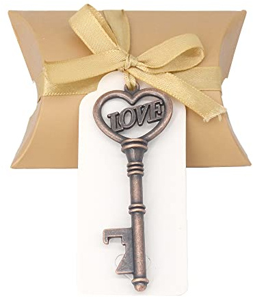 50 Stück Herz Form Vintage Schlüssel Flaschenöffner Hochzeit-Kupfer | Skelett Schlüssel Flaschenöffner Set mit Kissenboxen und Etikett als Gastgeschenk für Hochzeit, Party und Souvenir