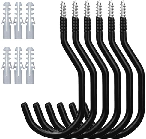 HORUSDY 6-Pack Heavy Duty Garage Storage Hooks, 6 Utility Wall Hooks for Tools, Ladders, Bikes, Hoses & Cords – Steel Garage Organizer Hooks for Wall Mount Storage Systems