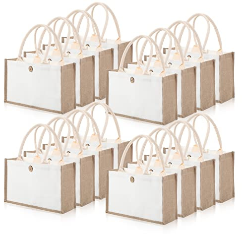 Reginary 16 PCS Jute Tote Bags Bulk - Reusable Blank Burlap & White Canvas Tote with Handles for DIY, Bridesmaid Gift, Travel, Beach, Shopping Grocery Bag