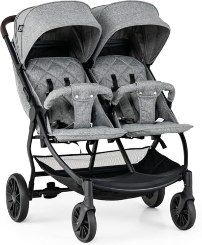 GOPLUS Carrito Bebe Gemelos, Cochecito Doble Plegable con Respaldo y Reposapiés Ajustables, Toldo, Cesta y Cinturón de Seguridad, Silla de Paseo Gemelar Carga 22 kg, Bebés de 0-3 Años (Gris Claro)