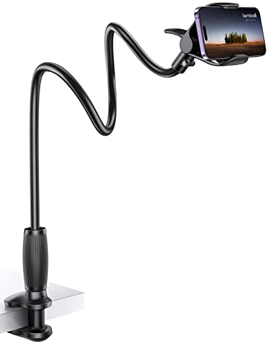 Lamicall Gooseneck Bed Phone Holder - [80 mm Clamp Base] Universal Flexible Lazy Arm for Desk, 360 Overhead Phone Mount Clip for iPhone 17 16 15 14 13 12 Series, Xs XR, Samsung, 4-7” Cellphone - Black