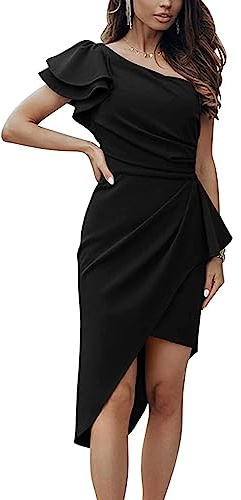 RPAEOY Abito Monospalla Donna Elegante Asimmetrico Vestito Estivi Cerimonia Cocktail Party Drappeggiato Volant Manica Corto Lungo Abiti da Sera Formale Vestiti Eleganti