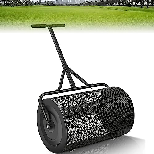 LXURY Kompoststreuer Rasenstreuer Streuwagen Mit T Griff Und Metallnetzkorb Gartenstreuer Rasendünger Handstreuer Komposter Metall Düngerstreuer Für Rasen Und Garten,Schwarz,32×60cm