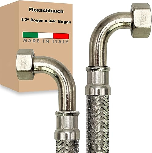 Flexschlauch ÜM-BOGEN x ÜM-BOGEN Edelstahl Panzerschlauch Anschlußschlauch Sanitär Armaturenschlauch Hauswasserwerk Made in Italy (1/2 x 3/4 - 300 mm - Z-Form)