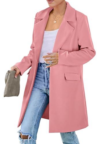 PRETTYGARDEN Women's 2025 Fall Long Blazer Jackets Long Sleeve Lapel Pockets Loose Fit Work Casual Blazers Outerwear (Dusty Pink,Large)