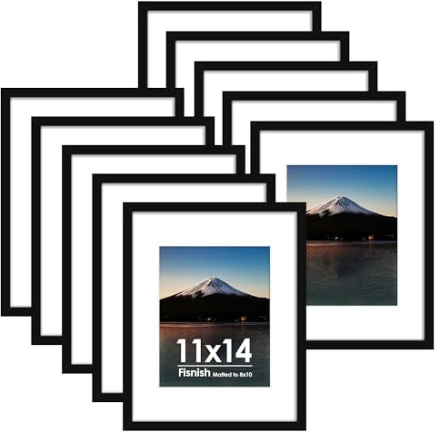 Fisnish 11x14 Picture Frame Sef of 10, Display Pictures 8x10 with Mat or 11 x 14 Without Mat, Photo Frame Collage for Wall Gallery Decor, Hanging or Tabletop Display, Black