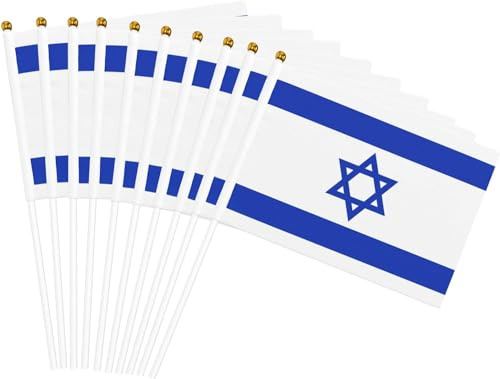 10 Stück Israel Flagge Klein mit Stange, 14 x 21 cm Israel Mini Handfahne Flagge, Israel Stick Flagge Lebendige Farben und Lichtecht, Handgehaltene Israelische Flagge, 5 x 8 Zoll
