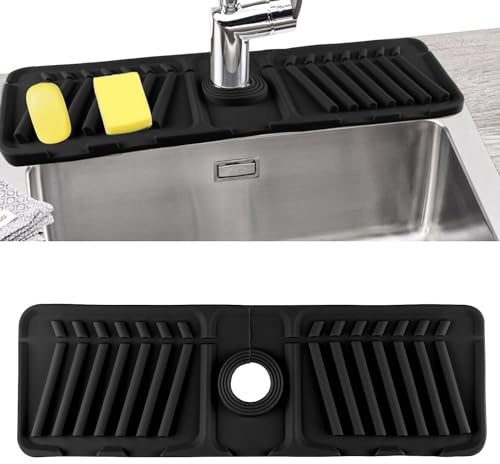 Bebester Silicone Sink Faucet Mat, Sink Splash Guard Sink Accessories Faucet Absorbent Mat for Kitchen, Bathroom, Silicone Tap Drip Tray Sink Protector (Black)
