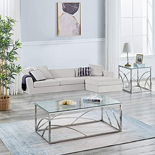 Couchtisch- und Beistelltisch-Set aus Glas – Gestell aus 100% Edelstahl mit Tischplatte aus gehärtetem Glas – Wohnzimmermöbel-Set, 2-teilig (Chrom, Silber)