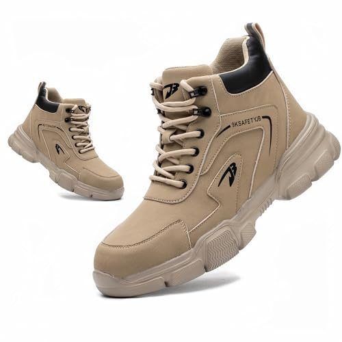 ZSDZSZ Steel Toe Cap Boots Mens Waterproof Safety Boots Women Lightweight Safety Trainers Non Slip Work Boots, Beige, UK 11