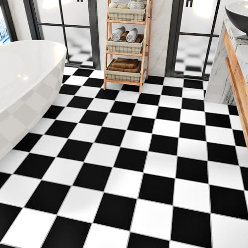 Yullpaper Lot de 4 autocollants de sol PVC, aspect carrelage, noir et blanc, vinyle adhésif, salle de bain