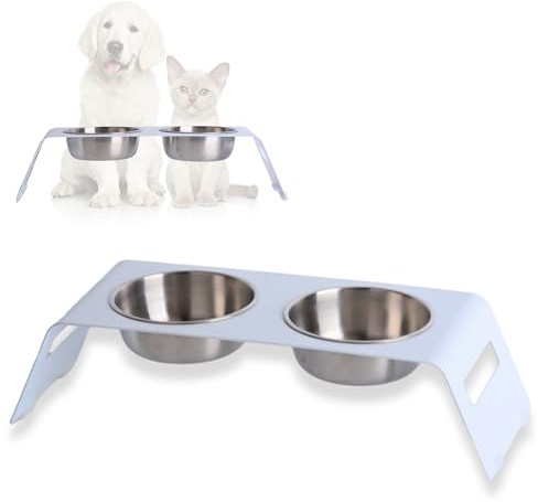 PETLINUS Gamelle Chat Surélevée Double - Gamelle Acier avec Support en métal - pour Chiot, Chien Petit ou Bol Chat, Mangeoirs et Abreuvoirs - Blanc