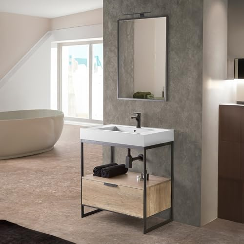 Inbagno Mobile bagno a terra 75 cm in metallo nero e legno con lavabo bianco in resina, specchio reversibile 60x80 cm, KUBIC