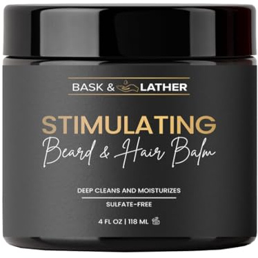 BASK & LATHER Stimulating Hair & Beard Balm, Leave-in Conditioner With Essential Oils, Mango & Shea Butter, Supports Itchy or Dry Scalp for All Types, Strengthens & Shines Beards, 4 fl oz