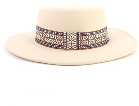 FULUJIDI Fedora Trilby Filzhut Hut Flaches Top Fedora Hut Band Frauen Männer Fascinator Filzhut Party Kirche Performance Cap 10Cmhatbrim56-58 Beige