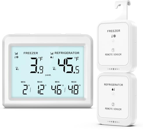 ORIA Termómetro Digital para Congelador, Termómetro para Nevera con 2 Sensores Inalámbricos, Pantalla LCD de 3,7, ℃/℉, Registro Min/Max, 2 Opciones de Montaje para Hogar y Restaurantes