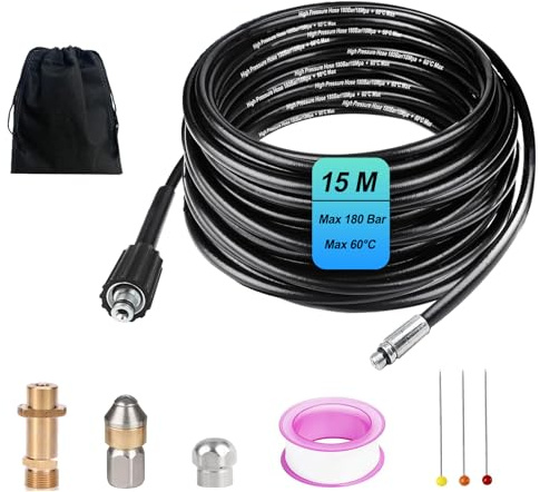 Rohrreinigungsschlauch 15 M, Rohrreinigungs Set Kompatibel mit Kärhcer, Hochdruckreiniger universal Rohrreinigungsset 180 Bar 60°C mit 1 Adapter und 2 Rohrreinigungsdüse für Hochdruckreinigern K2-K7