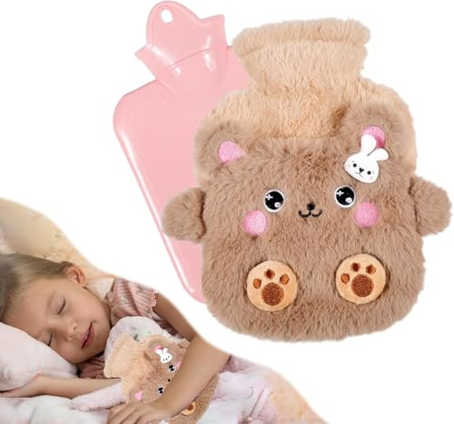 AUEJACKY Wärmflasche Kinder, Flauschig mit Bezug Kleine Bären Niedlich, Abnehmbare und Waschbare Handwärmer für Kinder Babys (Braun)