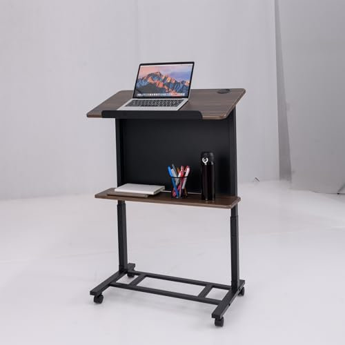 COSTWAY Mobiler Stehpult, höhenverstellbarer Rednerpult mit neigbarer Tischplatte, Ablagefach und Kantenstopper, Schreibpult, Stehtisch auf Rollen für Heimbüro, Walnuss
