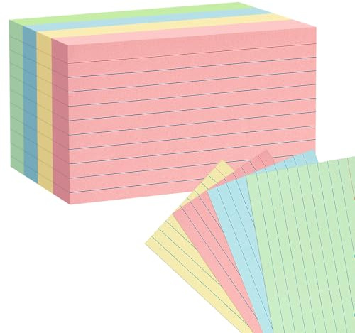 Tarjetas de índice de colores de 5 x 8 pulgadas, 100 unidades, tarjetas flash Goefun rayadas, tarjetas de notas de 4 colores para tarjetas de estudio, tarjetas de recetas, tarjetas de notas,
