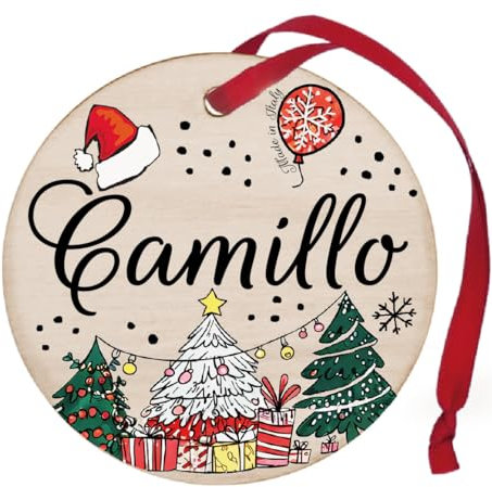 Personalisierte Weihnachtskugel mit Namen Camillo, Weihnachtsdekoration aus 100 % italienischem Holz, 8 cm großer Weihnachtsbaumschmuck (Holz, Kamillo)