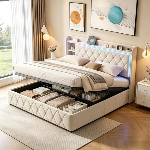PerGar Polsterbett 140 x 200 mit USB-LED-Kopfteil, Doppelbett mit Bettkasten, Jugendbett Hydraulisch Bett mit Stauraum, Stauraumbett Bettgestell mit Lattenrost, Samt, Ohne Matratze, Beige