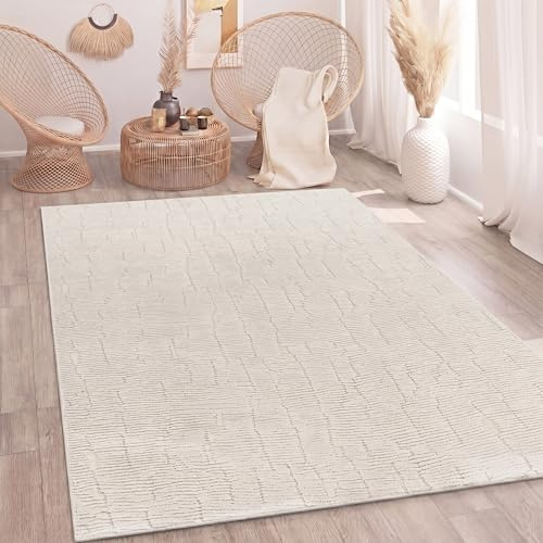 Paco Home Teppich Wohnzimmer Schlafzimmer Hochflor Skandinavisches Design Einfarbig Boho Stil Abstrakt 3D Flauschig Waschbar Deko Creme, Grösse:160x220 cm