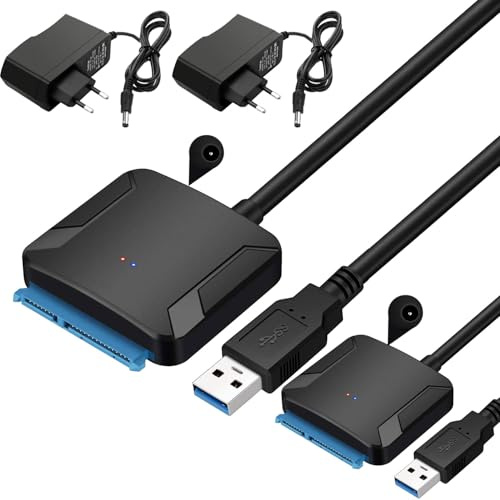 GERUI 2 st USB 3.0 till SATA-adapter, Ultra High Speed 2,5 tum/3,5 tum HDD/SSD hårddiskomvandlare/adapterkabel med 12 V/2 A nätadapter SATA optisk enhet