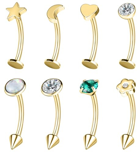 ZS Lot de 8 piercings de sourcil incurvés en acier inoxydable 16 G pour lèvres, nombril, daith rook, cartilage, pour homme et femme, 8 mm, 10 mm, L:8mm, Acier inoxydable, No Gemstone