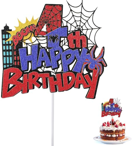 Spider Joyeux Anniversaire Tortenaufsatz, Paillettes Durables Fournitures Décoration Gâteau d'Anniversaire Sur Thème Dessin Animé d'Araignée Rouge et Bleue für Garçons Filles (Numéro 4)