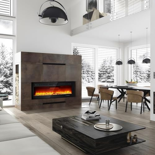 Wall-mounted electric fireplace 30 inch, 30 electric wall heater with LED flame effect, 12 flame colours, log and crystal effects, digital thermostat, timer function, remote control, tempered glass d