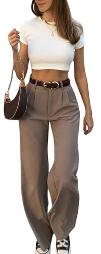SweatyRocks Stoffhose Damen Elegant Anzughose Weite Damenhose Mit Gummizug Bundfaltenhose Old Money Style Freizeithose Herbst Outfit Kaffeebraun S