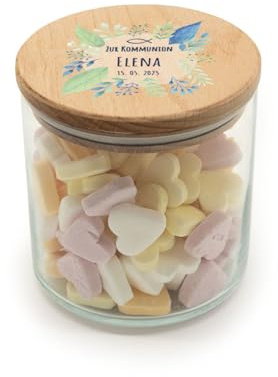 GRAVURZEILE Vorratsglas mit bedrucktem Holzdeckel - Kommunion Pflanzen - Personalisiert mit Name & Datum - Keksdose Bonbonglas mit Deckel - Vorratsdose - Geschenk für Kinder zur Kommunion - 530 ml