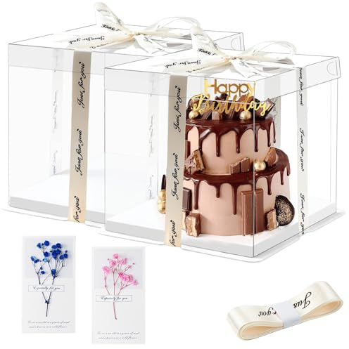 lafo 2er-Set Kuchen Transportbox, Tortenbox Hoch Transparent 30x30x25cm, Geschenkbox Durchsichtig mit Sockel, Weißes Satinband 2.5cm & 2 Grußkarten, Für Geburtstag Hochzeit Dessert (2, 30*30*25cm)