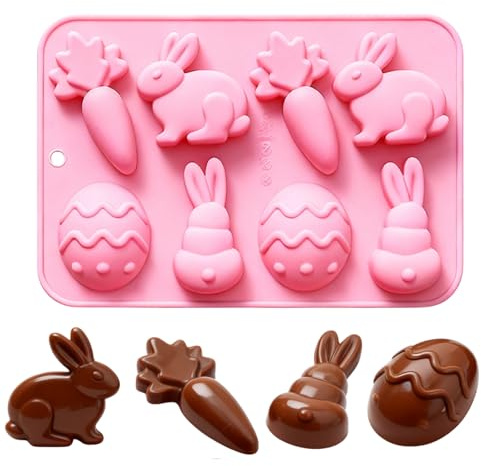 haewny Easter Chocolate Moulds Silicone 8 Cavity Easter Egg Bunny Carrot Shapes Baking Mould for DIY Chocolate, Candy, Jelly