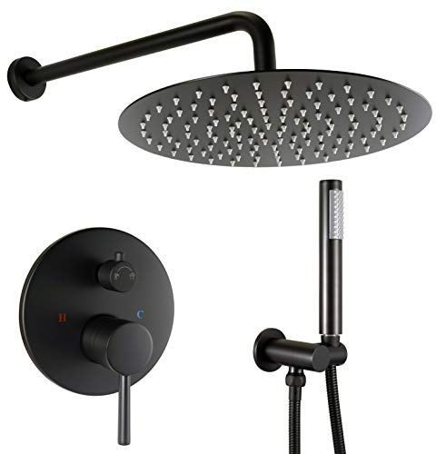12 Inch Brass Shower System, Wall Mounted Concealed Shower Set with 30cm Round Rainfall Head and Handheld Shower, (Matte Black)