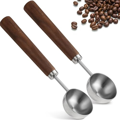 2 Pcs Coffee Scoop, 15ml Stainless Steel Coffee Spoon with Walnut Handle, Tablespoon Measuring Scoop for Ground Coffee, Tea and Baking Ingredients