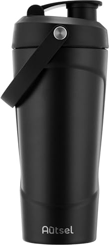 Autsel Protein Shaker - 750ml Stainless Steel Shaker Bottle for Fast, Clump-Free Mixing | Insulated Metal Protein Shaker Cup with MixBall & Handle, Leak-Proof & BPA Free, Black