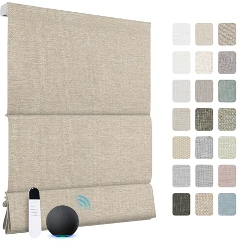 BERISSA Motorized Roman Blinds with Remote,Cordless Smart Blackout & Light Filtering Fabric Roman Shades for Indoor Windows,Alexa Google Home,APP Control,Custom Color-Size.