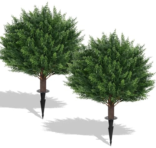 EverNature 2Pack Artificial Cedar Topiary Ball Trees, 16'' UV Resistant Fake Evergreen Shrubs Bushes Plants with Ground Spike Fake Plants for Outdoor Indoor Front Porch Garden
