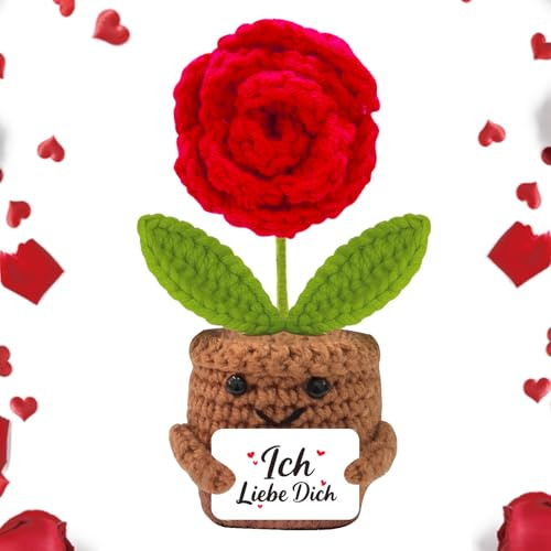 APKOL Ich Liebe Dich Geschenke für Frauen Freundin,Valentinstagsgeschenk | Glücksbringer Gestrickte rote Rose, Positive Kartoffel Serien MutmacherGeschenk Mama,Liebes Jahrestag Hochzeitstag Geschenk
