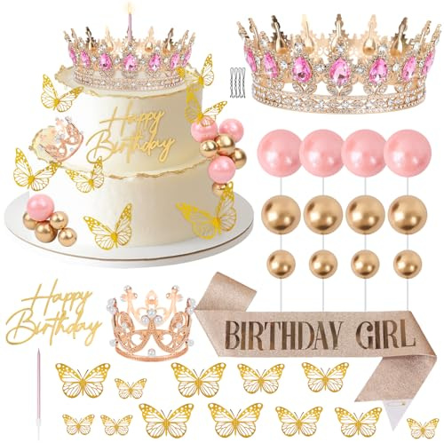 29Pcs Pink Crown Cake Topper Butterfly Birthday Cake Decorations with Happy Birthday Cake Topper for Princess Women Queen Party Wedding Decor with Candles and ribbons(Pink)