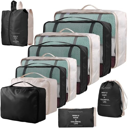 14-teilige Zweifarbige Koffer Organizer, Kofferorganizer Reisezubehör – Packwürfel, Packing Cubes & Packtaschen, Ordnungssystem für Koffer bei Urlaub & Reisen (14, Jet Black & Sand)