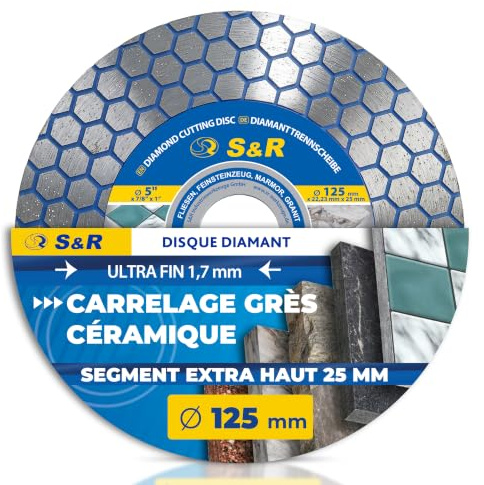 S&R Disque Diamant 125 Carrelage Fin. Disque Diamant 125mm double action Tronçonner Meuler Céramique Grès Marbre Granit. Disque a poncer Carrelage Meuleuse 125