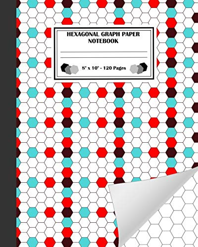 Hexagonal Graph Paper Notebook: Hexagon Journal for Drawing Carbon Chains, Quilting, Art, Gaming, Tiling And More. Each Hexagon Side 0.2 Geometric Hexagons Black Cyan Red Colors Pattern Cover.